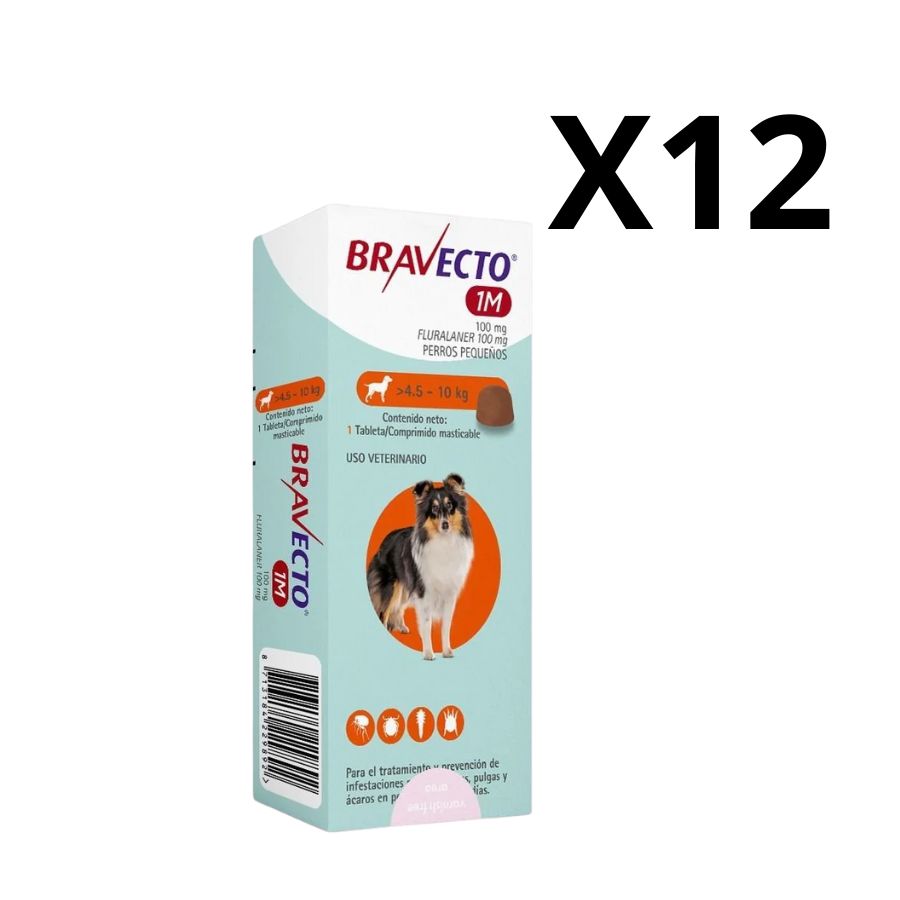Pack 12x Bravecto Perro 1 Mes 4,5 a 10 kg, comprimido masticable antipulgas y garrapatas. Acción prolongada por 37 días. Trata también sarna y ácaros.