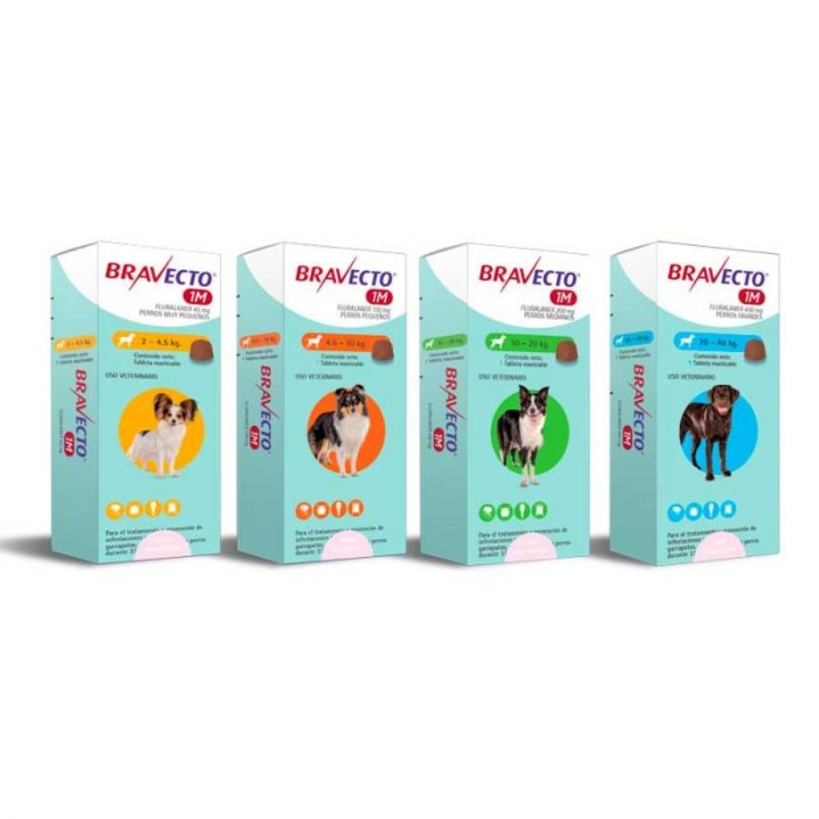 Pack 12x Bravecto Perro 1 Mes 4,5 a 10 kg, comprimido masticable antipulgas y garrapatas. Acción prolongada por 37 días. Trata también sarna y ácaros.