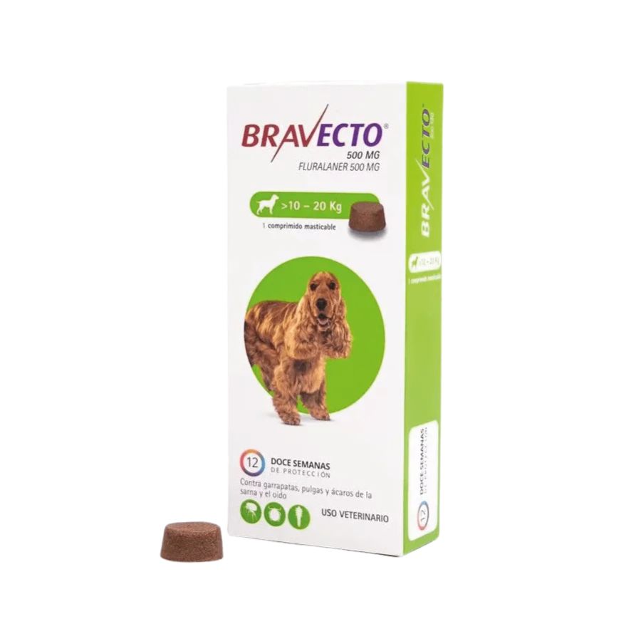 Bravecto Perro 10-20kg (500mg), antiparasitario masticable con protección de 12 semanas contra pulgas, garrapatas y sarna. Acción rápida y segura. 🐶✨