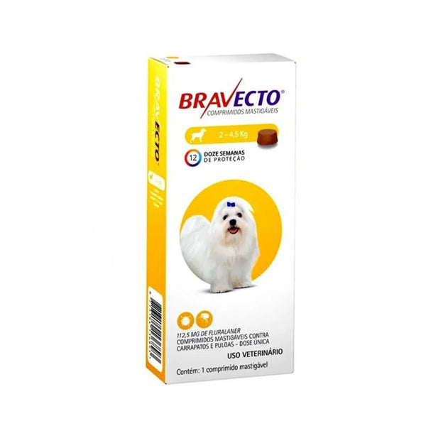 Bravecto Perro 2 - 4,5kg (112,5mg), antiparasitario masticable con protección de 12 semanas contra pulgas, garrapatas y sarna. Acción rápida y segura.