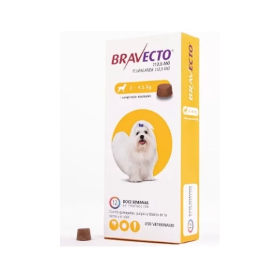 Bravecto Perro 2 - 4,5kg (112,5mg), antiparasitario masticable con protección de 12 semanas contra pulgas, garrapatas y sarna. Acción rápida y segura. 🐶✨