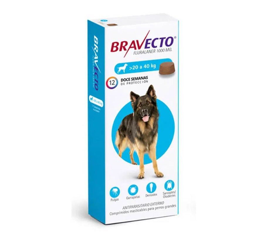 Bravecto Perro 20-40kg (1000mg), antiparasitario masticable con protección de 12 semanas contra pulgas, garrapatas y sarna. Acción rápida y segura. 🐶✨
