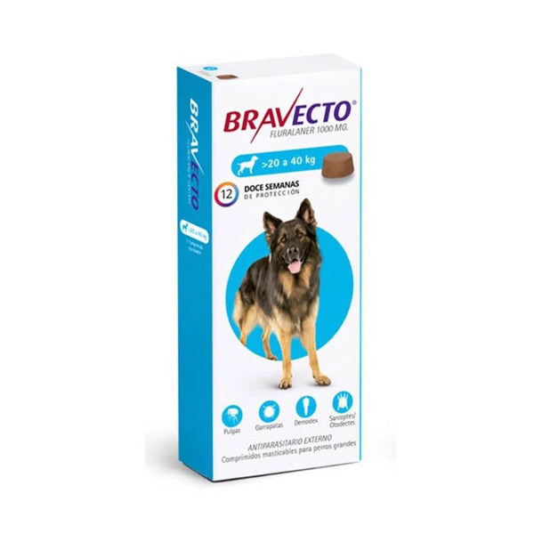 Bravecto Perro 20-40kg (1000mg), antiparasitario masticable con protección de 12 semanas contra pulgas, garrapatas y sarna. Acción rápida y segura. 