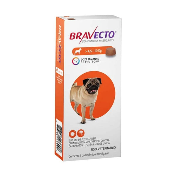Bravecto Perro 4.5-10kg (250mg), antiparasitario masticable con protección de 12 semanas contra pulgas, garrapatas y sarna. Acción rápida y segura. 