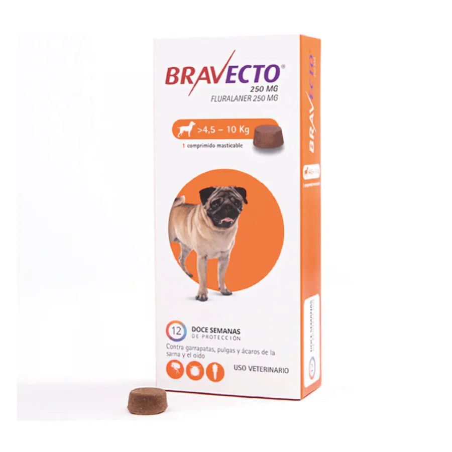 Bravecto Perro 4.5-10kg (250mg), antiparasitario masticable con protección de 12 semanas contra pulgas, garrapatas y sarna. Acción rápida y segura. 🐶✨