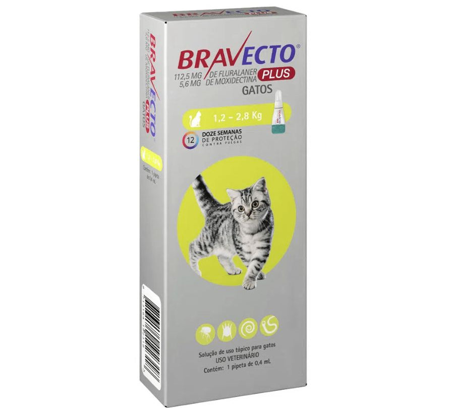 Bravecto Plus Gato 1,2 a 2,8 kg  controla pulgas, garrapatas y parásitos internos con una sola pipeta. Protección prolongada por 12 semanas.