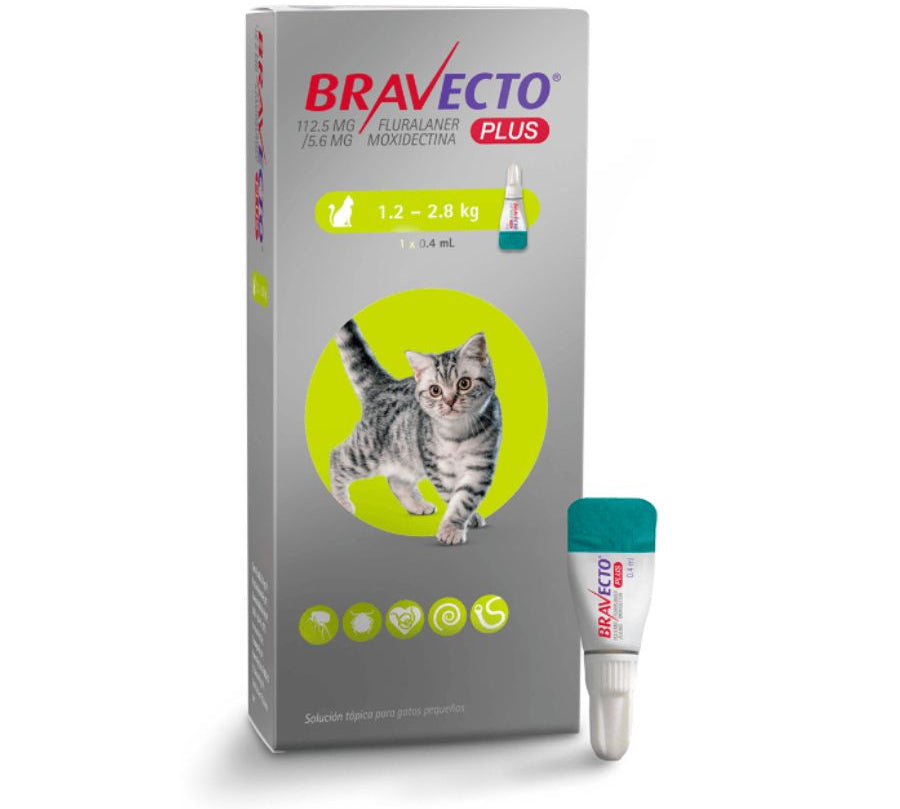 Bravecto Plus Gato 1,2 a 2,8 kg  controla pulgas, garrapatas y parásitos internos con una sola pipeta. Protección prolongada por 12 semanas.