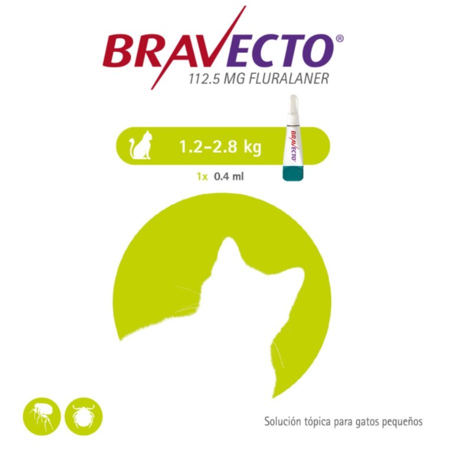 Bravecto Plus Gato 1,2 a 2,8 kg  controla pulgas, garrapatas y parásitos internos con una sola pipeta. Protección prolongada por 12 semanas.