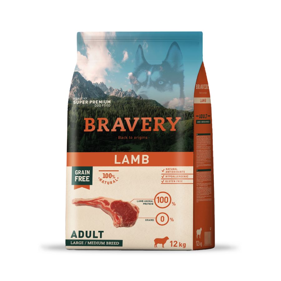 Bravery Cordero Adulto - 12Kg 🐾, alimento hipoalergénico y monoproteico sin granos ni gluten. Perfecto para perros sensibles. Rico en Omega 3 y nutrientes esenciales.