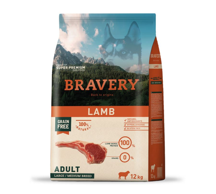 Bravery Cordero Adulto - 12Kg, alimento hipoalergénico y monoproteico sin granos ni gluten. Perfecto para perros sensibles. Rico en Omega 3 y nutrientes esenciales.