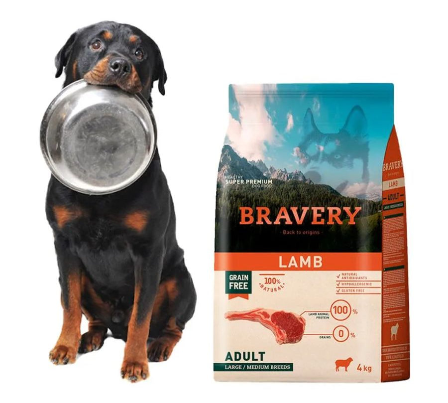 Bravery Cordero Adulto 4Kg, alimento hipoalergénico y monoproteico sin granos ni gluten. Perfecto para perros sensibles. Rico en Omega 3 y nutrientes esenciales.