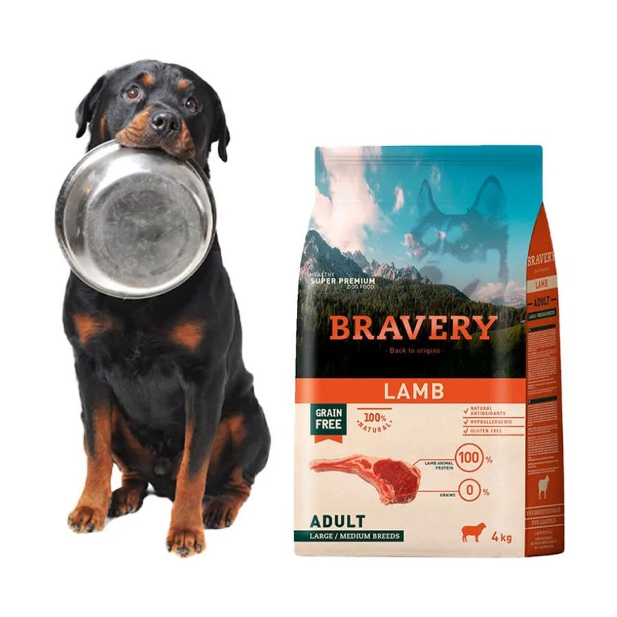 Bravery Cordero Adulto 4Kg, alimento hipoalergénico y monoproteico sin granos ni gluten. Perfecto para perros sensibles. Rico en Omega 3 y nutrientes esenciales.