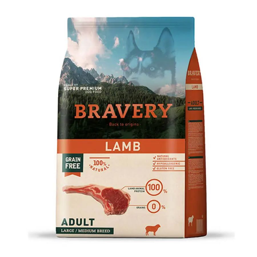 Bravery Cordero Adulto 4Kg, alimento hipoalergénico y monoproteico sin granos ni gluten. Perfecto para perros sensibles. Rico en Omega 3 y nutrientes esenciales.