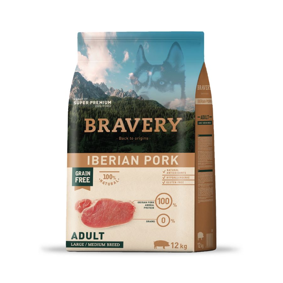 Bravery Perro Adulto Cerdo Ibérico 12Kg, alimento hipoalergénico, monoproteico y sin granos, ideal para perros medianos y grandes con sensibilidad digestiva.