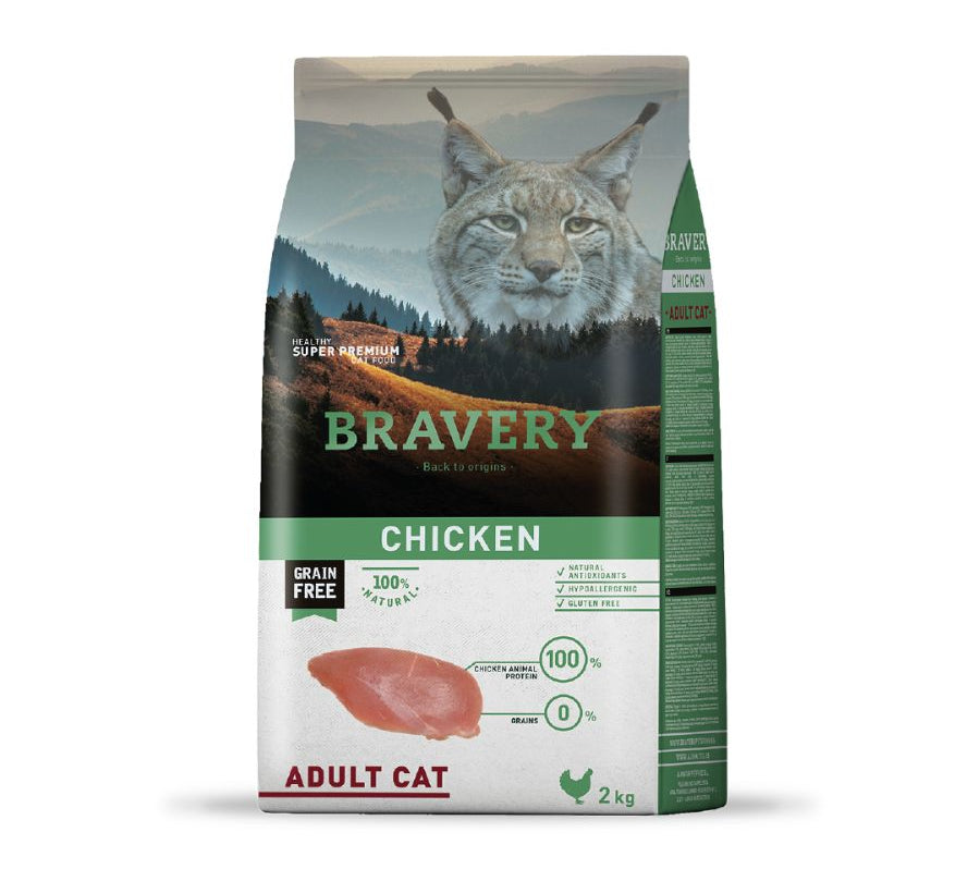 Bravery Pollo Gato Adulto 2 Kg, alimento hipoalergénico y sin cereales, ideal para gatos adultos con piel sensible o digestión delicada.
