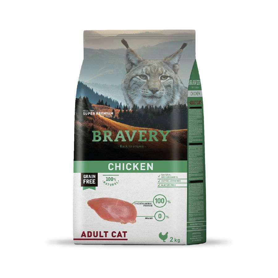 Bravery Pollo Gato Adulto 2 Kg, alimento hipoalergénico y sin cereales, ideal para gatos adultos con piel sensible o digestión delicada.