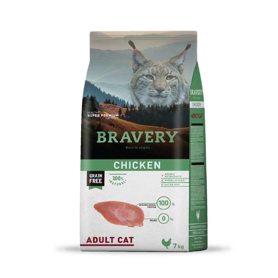 Bravery Pollo Gato Adulto 7 Kg, alimento hipoalergénico y sin cereales, ideal para gatos adultos con piel sensible o digestión delicada.