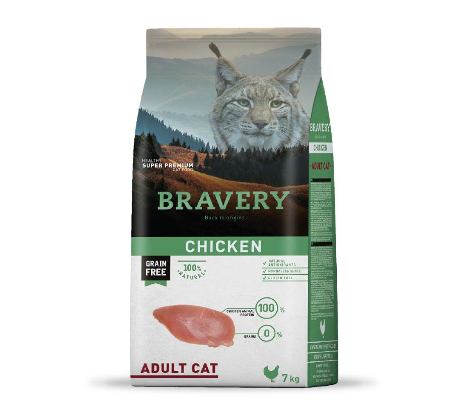 Bravery Pollo Gato Adulto 7 Kg, alimento hipoalergénico y sin cereales, ideal para gatos adultos con piel sensible o digestión delicada.