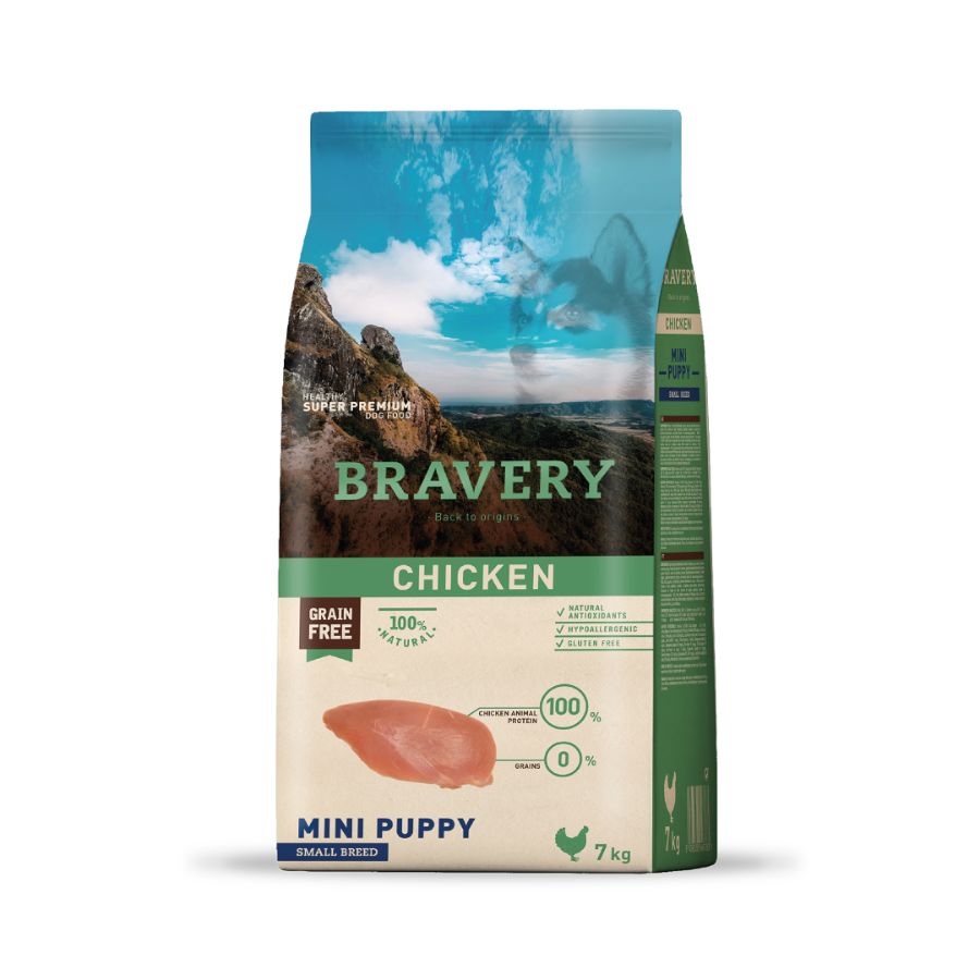 Bravery Pollo Mini Cachorro es un alimento sin cereales y mono proteico, ideal para razas pequeñas. Alta en proteínas y con ingredientes 100% naturales. Bpets