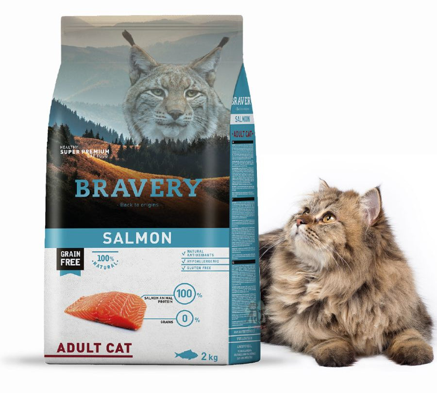 Bravery Salmon Gato Adulto - 2 Kg  es un alimento sin cereales, hipoalergénico y monoproteico con salmón, ideal para gatos adultos con sensibilidades.