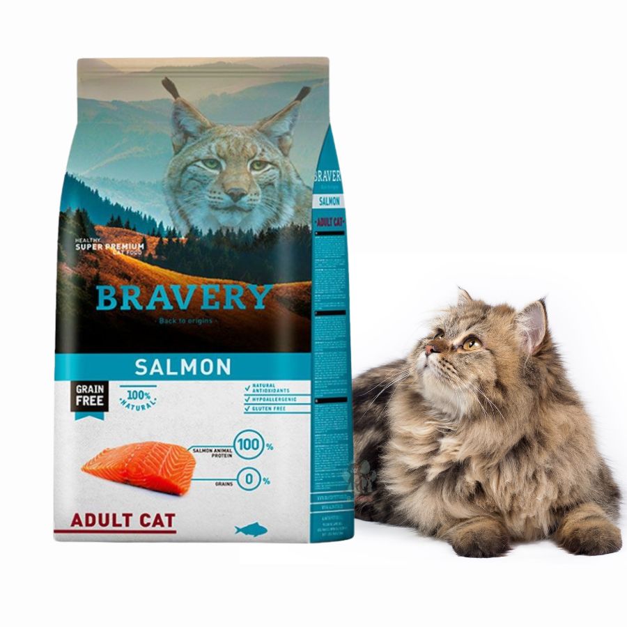 Bravery Salmon Gato Adulto - 7 Kg es un alimento sin cereales, hipoalergénico y monoproteico con salmón, ideal para gatos adultos con sensibilidades.