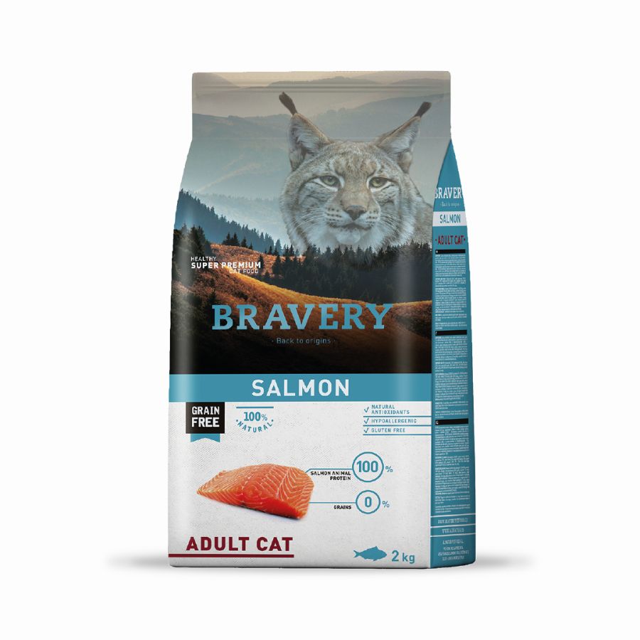 Bravery Salmon Gato Adulto - 2 Kg  es un alimento sin cereales, hipoalergénico y monoproteico con salmón, ideal para gatos adultos con sensibilidades.