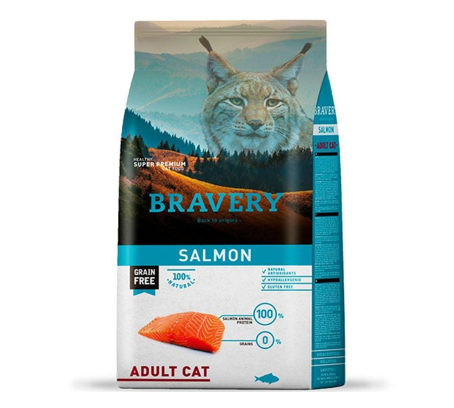 Bravery Salmon Gato Adulto - 7 Kg es un alimento sin cereales, hipoalergénico y monoproteico con salmón, ideal para gatos adultos con sensibilidades.