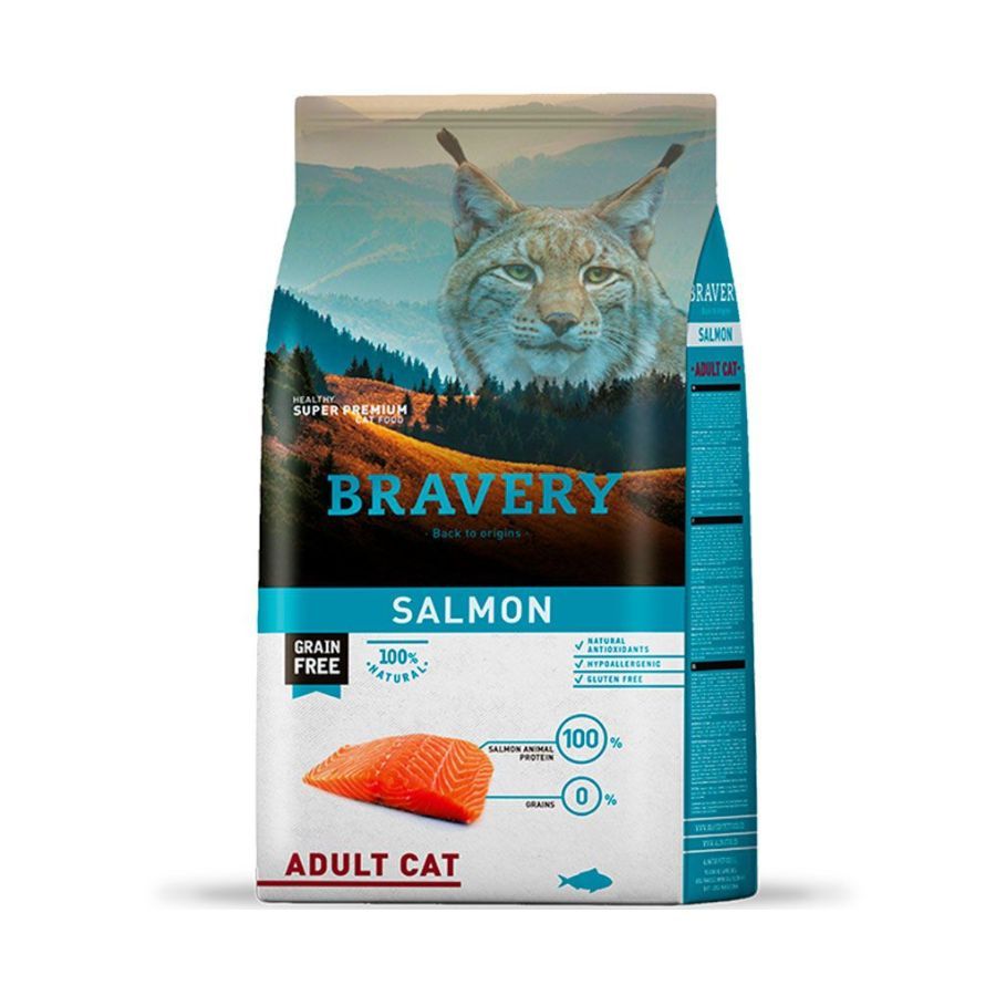 Bravery Salmon Gato Adulto - 7 Kg es un alimento sin cereales, hipoalergénico y monoproteico con salmón, ideal para gatos adultos con sensibilidades.
