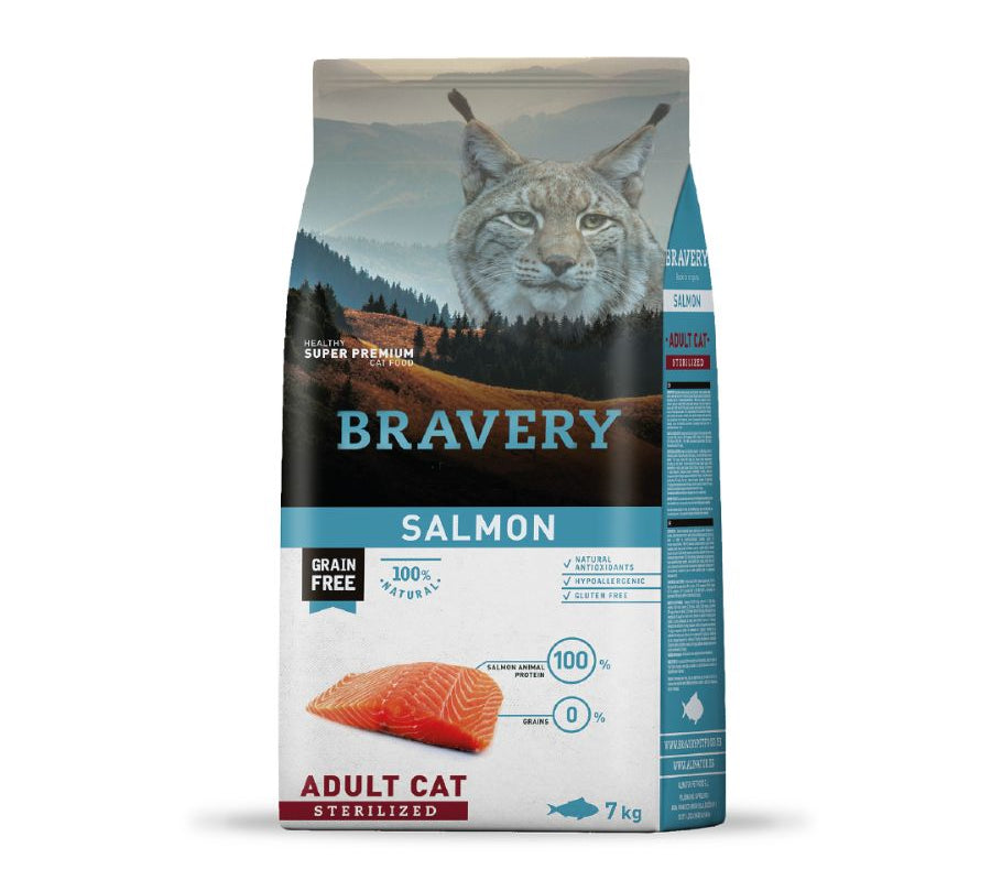 Bravery Salmón Gato Esterilizado 🐱 es una receta sin cereales, monoproteica y rica en omega-3, ideal para gatos adultos esterilizados.