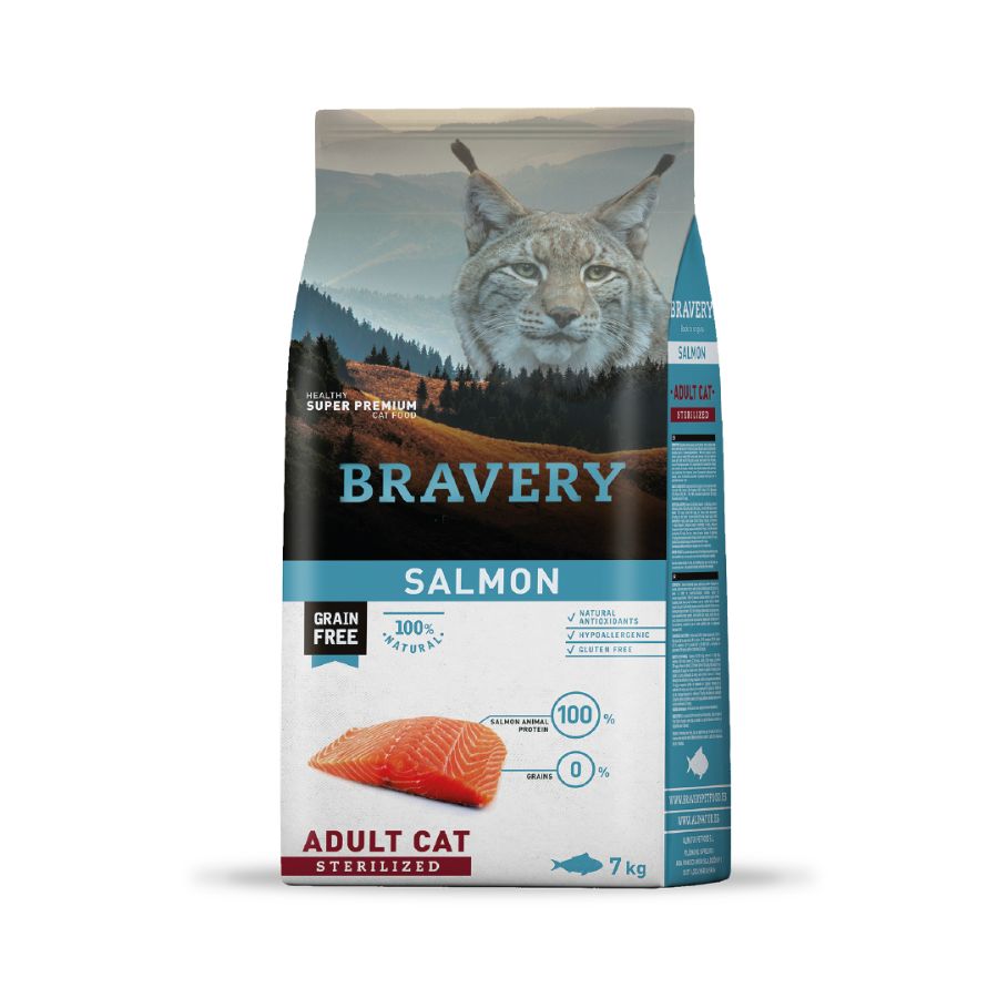 Bravery Salmón Gato Esterilizado 🐱 es una receta sin cereales, monoproteica y rica en omega-3, ideal para gatos adultos esterilizados.