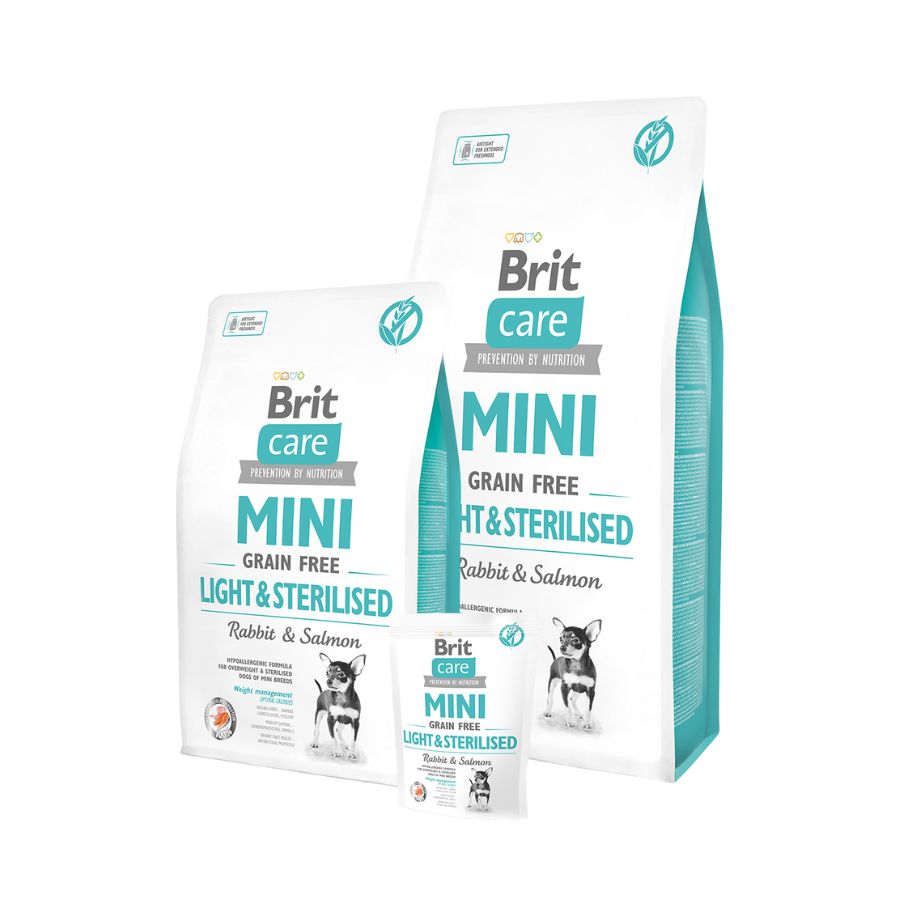 Brit Care Adult Mini Light & Sterilised 2Kg alimento sin granos con conejo y salmón para perros mini esterilizados o con sobrepeso. Ligero, nutritivo y digestivo.