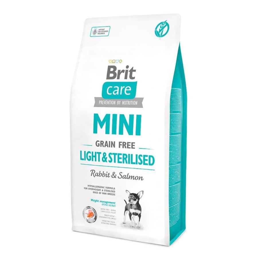 Brit Care Adult Mini Light & Sterilised 🐾 alimento sin granos con conejo y salmón para perros mini esterilizados o con sobrepeso. Ligero, nutritivo y digestivo.