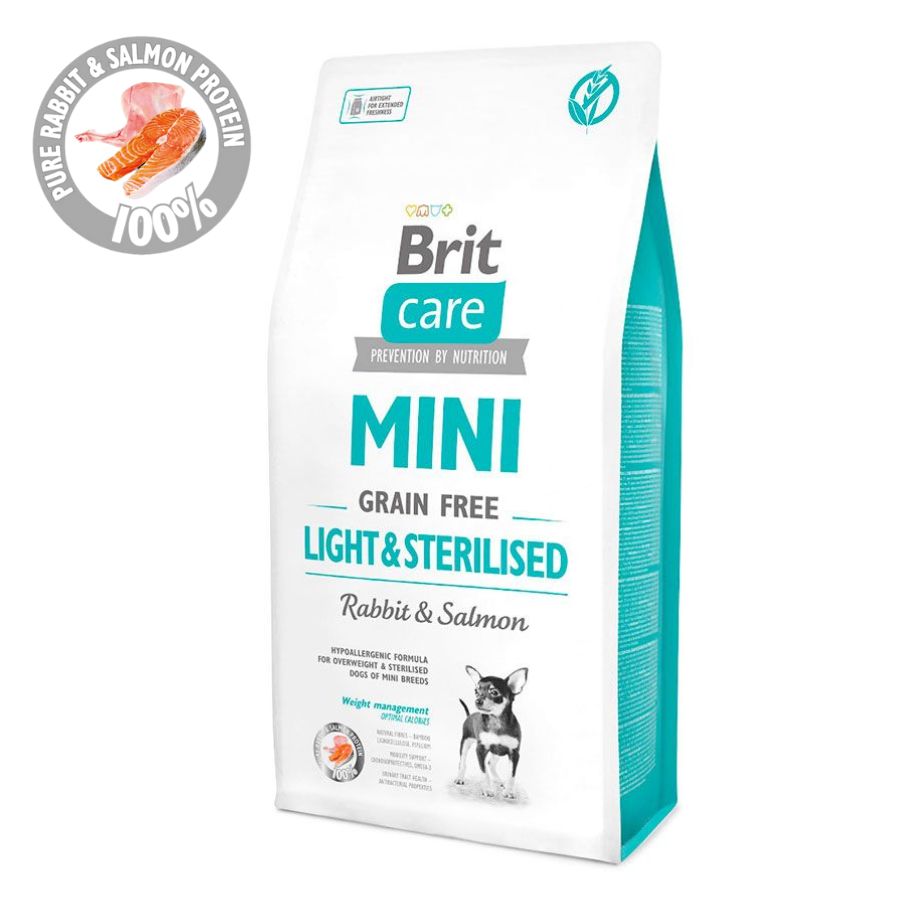 Brit Care Adult Mini Light & Sterilised 🐾 alimento sin granos con conejo y salmón para perros mini esterilizados o con sobrepeso. Ligero, nutritivo y digestivo.