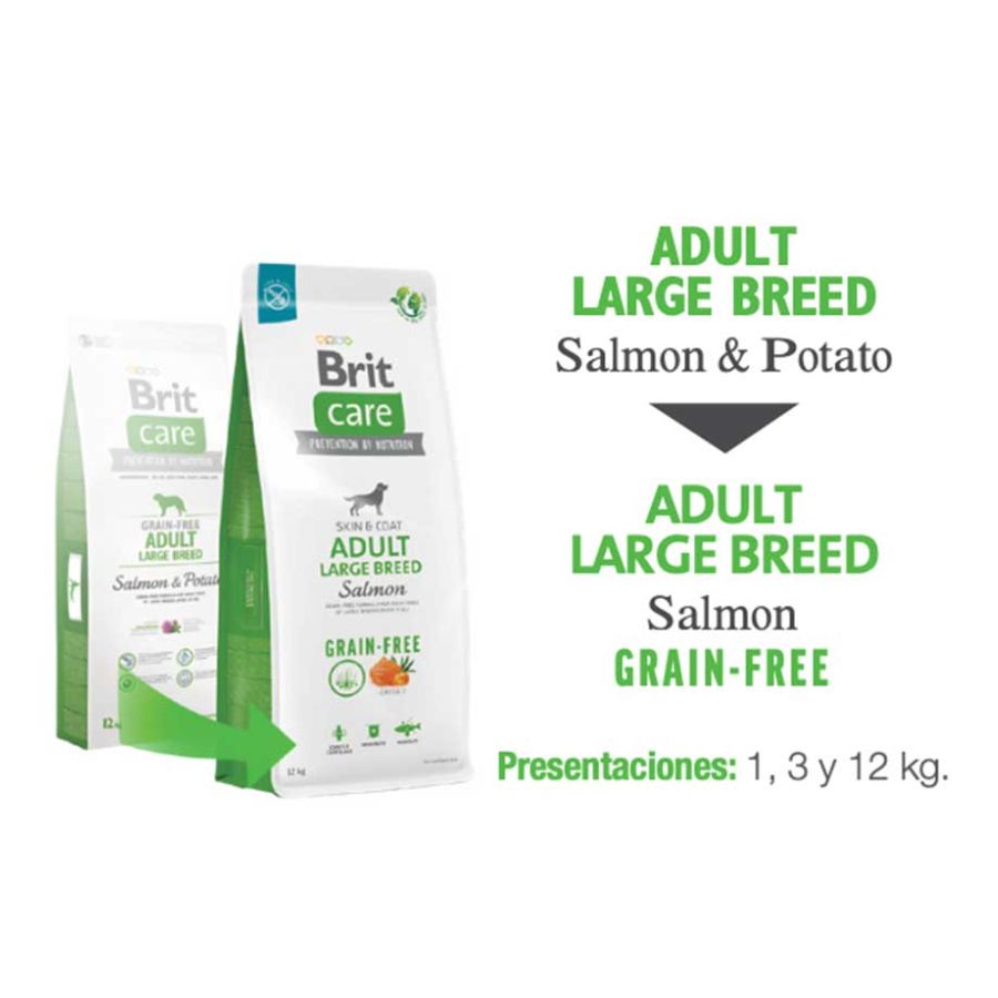 Brit Care Dog Grain-free Adult Large Breed Salmón cuida articulaciones y piel, ideal para perros grandes. Alta digestibilidad y sin granos.