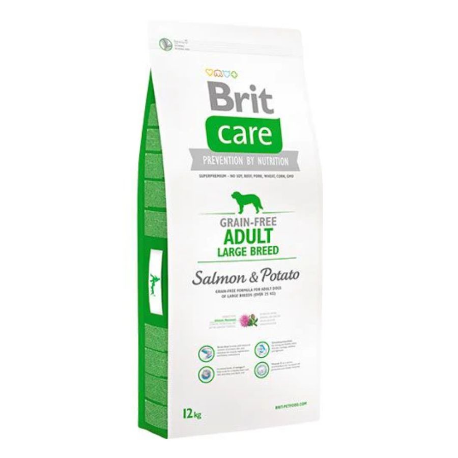 Brit Care Dog Grain-free Adult Large Breed Salmón cuida articulaciones y piel, ideal para perros grandes. Alta digestibilidad y sin granos.