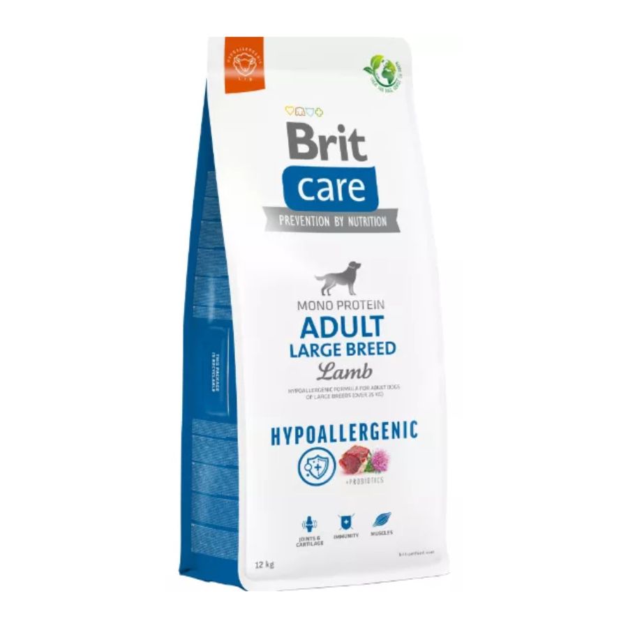 Brit Care Hypoallergenic Adult Large Breed Cordero 12KG 🐶🐑, alimento hipoalergénico para perros grandes, refuerza articulaciones, inmunidad y protege la digestión.