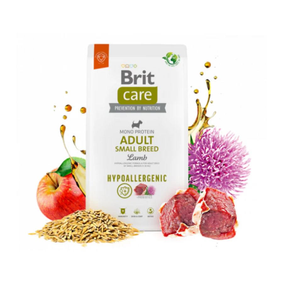 Brit Care Hypoallergenic Adult Small Breed Cordero 3KG 🐑✨, alimento hipoalergénico para perros pequeños, ideal para digestión sensible, piel sana y refuerzo inmunológico.