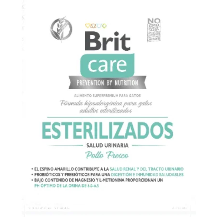 Brit Care Gato Sterilized Urinary 2KG 🐾, alimento sin cereales para gatos esterilizados que protege el tracto urinario y fortalece la inmunidad.