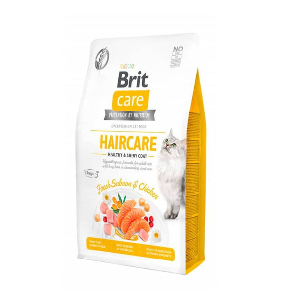 Brit Care Gato Grain Free Haircare Healthy & Shiny Coat 7KG, alimento sin granos que promueve piel sana, pelaje brillante y digestión saludable para gatos adultos.