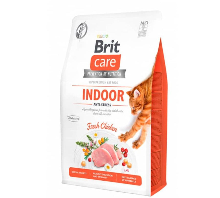 Brit Care Gato Grain Free Indoor Anti-Stress 2KG 🐾🌿, alimento hipoalergénico para gatos de interior, ideal para controlar el estrés, el peso y las bolas de pelo.