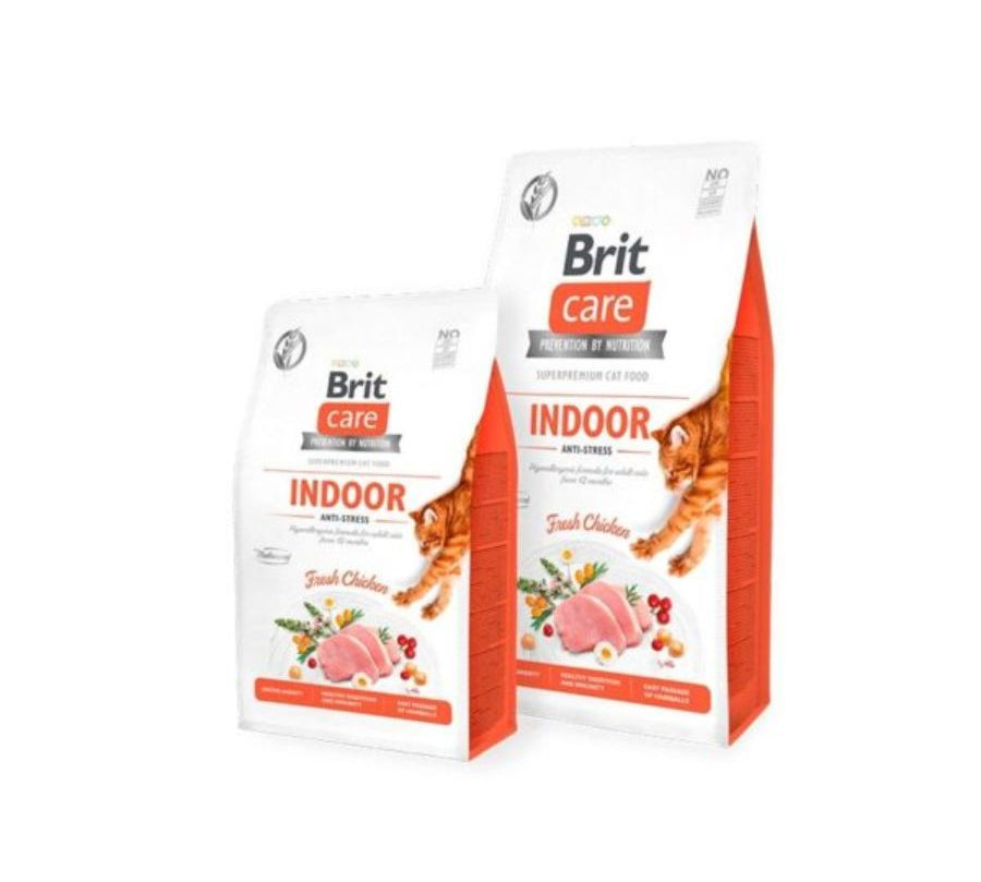 Brit Care Gato Grain Free Indoor Anti-Stress 2KG 🐾🌿, alimento hipoalergénico para gatos de interior, ideal para controlar el estrés, el peso y las bolas de pelo.
