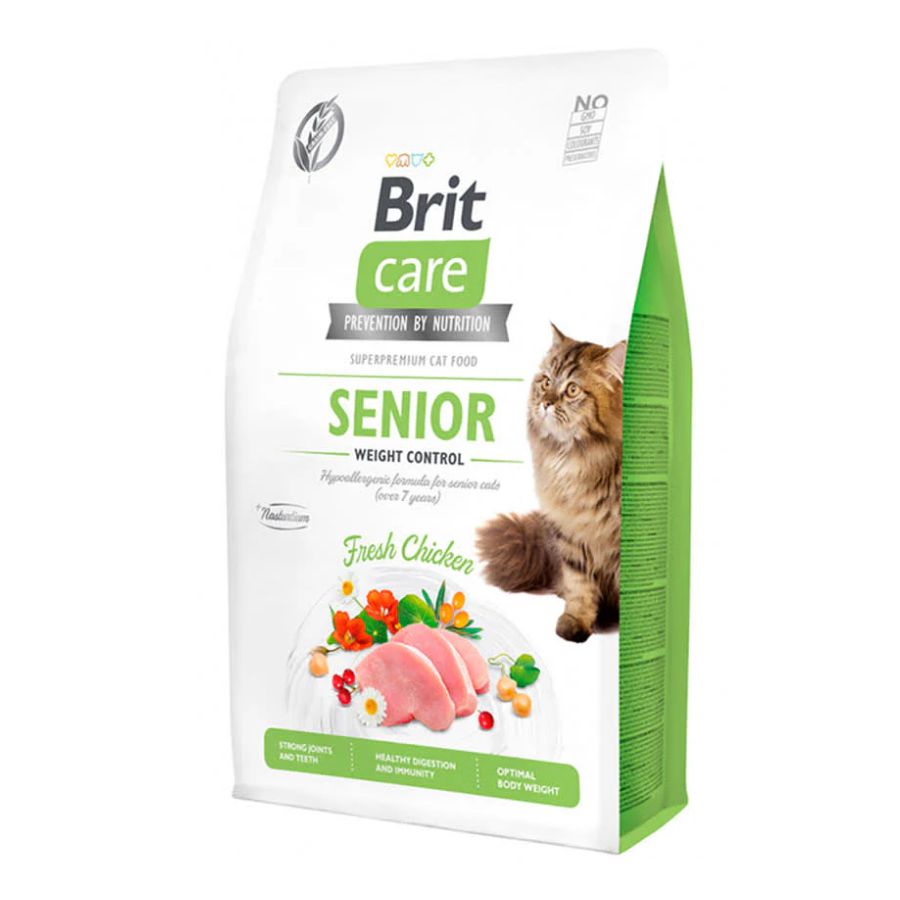 Brit Care Gato Grain Free Senior Weight Control 2kg controla el peso, cuida el sistema urinario y mejora la digestión en gatos mayores de 7 años.