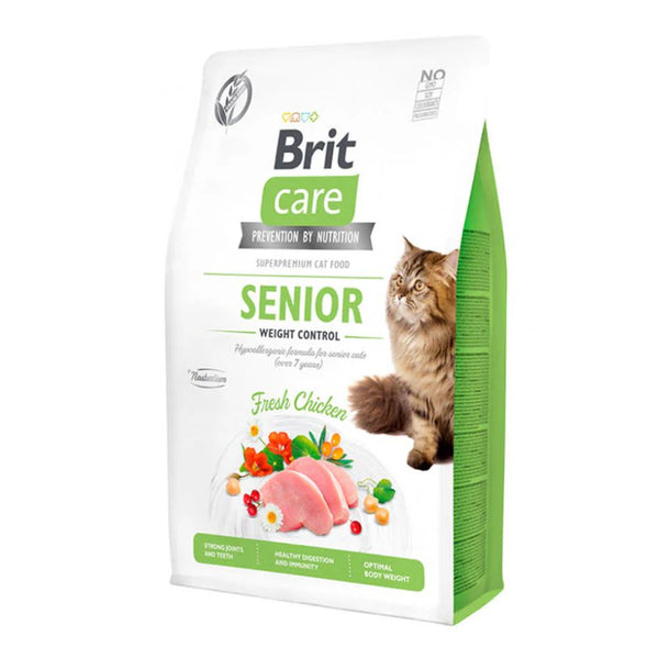 Brit Care Gato Grain Free Senior Weight Control 2kg controla el peso, cuida el sistema urinario y mejora la digestión en gatos mayores de 7 años.
