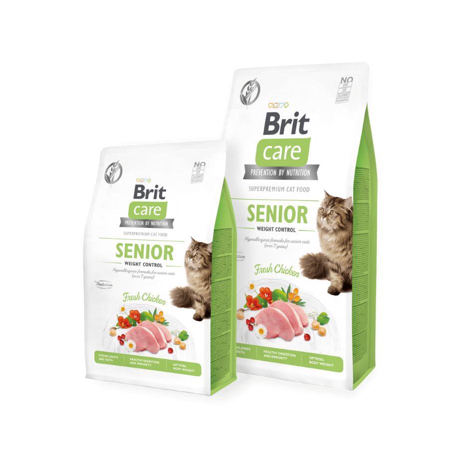 Brit Care Gato Grain Free Senior Weight Control  7Kg controla el peso, cuida el sistema urinario y mejora la digestión en gatos mayores de 7 años.