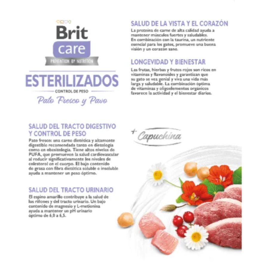 Brit Care Gato Sterilized Weight Control 7KG 🐱🌿, alimento hipoalergénico sin cereales para gatos esterilizados, ideal para el control de peso y la salud digestiva.