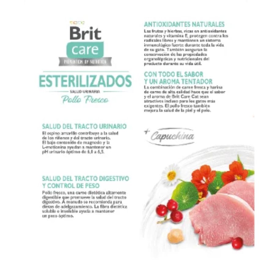 Brit Care Gato Sterilized Urinary 2KG 🐾, alimento sin cereales para gatos esterilizados que protege el tracto urinario y fortalece la inmunidad.