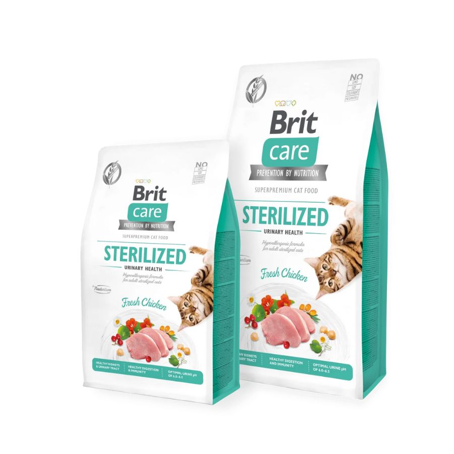 Brit Care Gato Sterilized Urinary 2KG 🐾, alimento sin cereales para gatos esterilizados que protege el tracto urinario y fortalece la inmunidad.