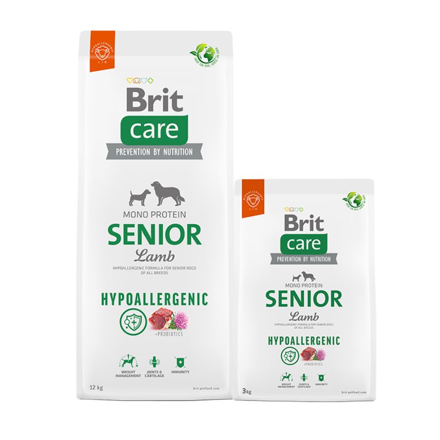 Brit Care Hypoallergenic Senior Cordero 3KG 🐑💚, alimento hipoalergénico para perros mayores, con soporte articular, protección cardíaca y digestión saludable.