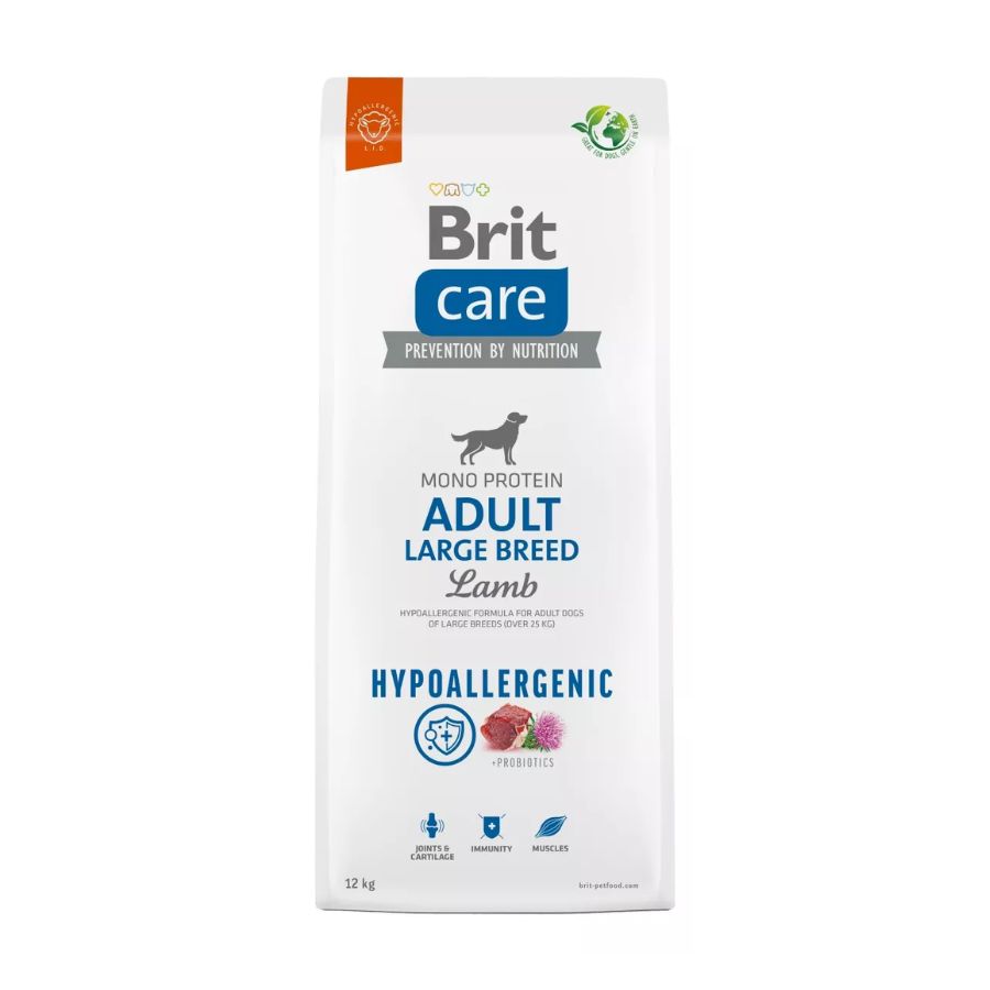 Brit Care Hypoallergenic Adult Large Breed Cordero 12KG 🐶🐑, alimento hipoalergénico para perros grandes, refuerza articulaciones, inmunidad y protege la digestión.