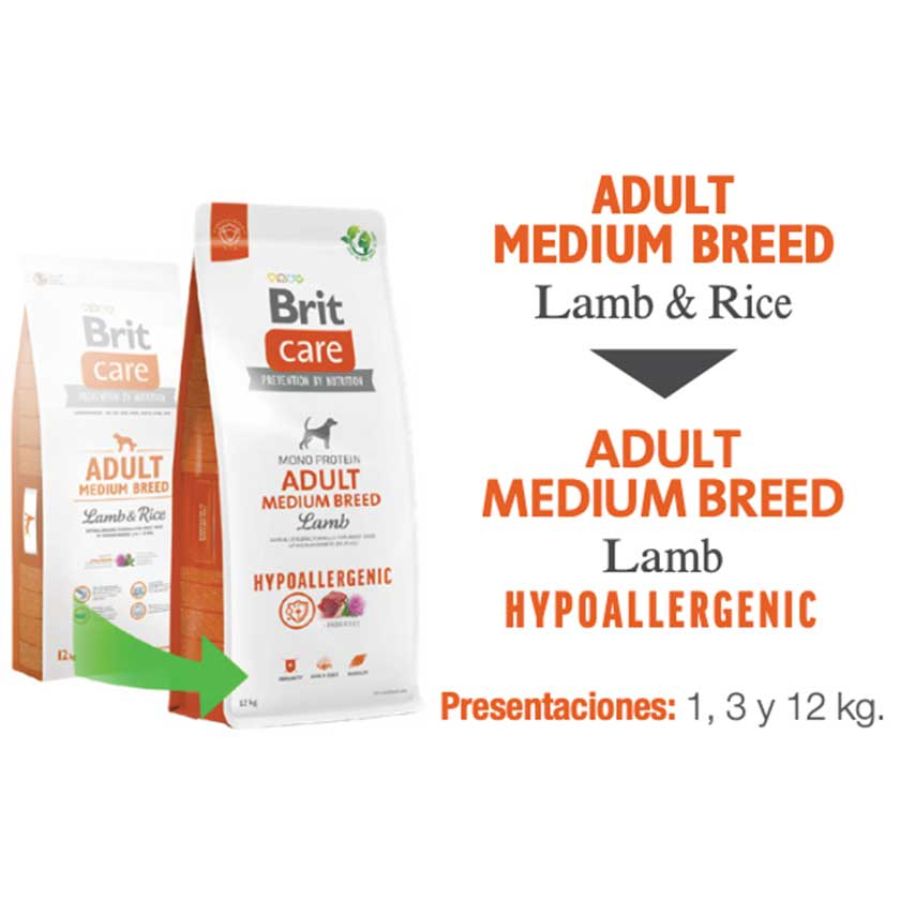Brit Care Hypoallergenic Adult Medium Breed Cordero 3KG 🐑💚, alimento hipoalergénico para perros medianos, ideal para digestión sensible, piel sana y energía equilibrada.